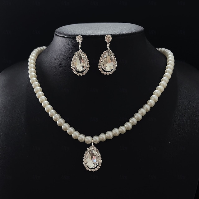  Boucles d'oreilles en forme de goutte d'eau plaqué argent avec collier en perles