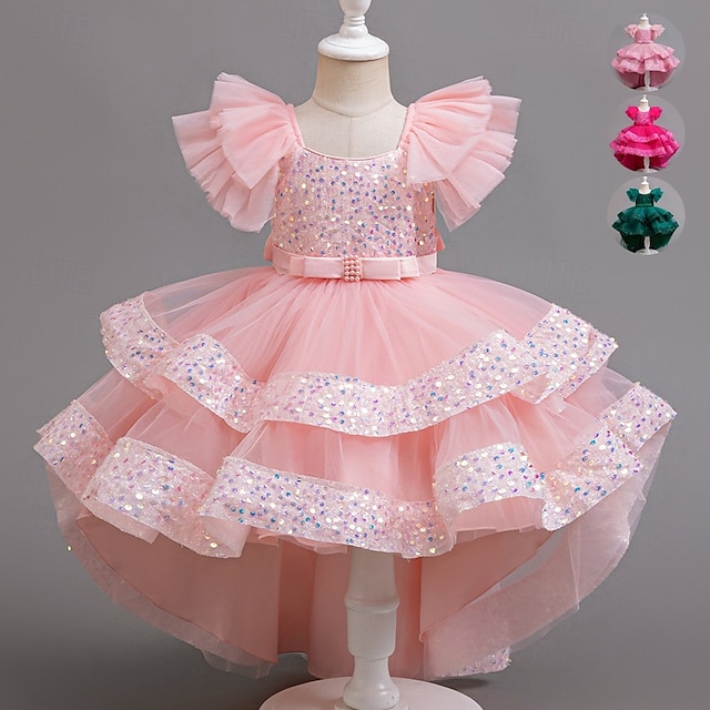  Kids Girls' Party Dress Sequin Sleeveless Wedding Special Occasion Sequins Ruched Zipper Adorable Sweet Polyester Asymmetrical Party Dress Tulle Dress Summer Spring Fall 4-12 Years Pink Purple Green