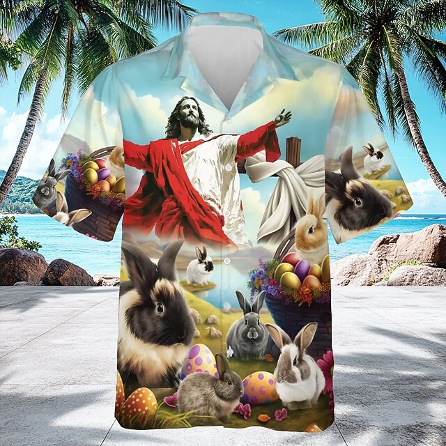 Easter Men's Bunny Jesus Easter Egg Shirt Cuban Collar Shirt Button Up Shirt Short Sleeve Vintage Retro Holiday Festival Summer Spring Camp Collar Shirt 3D Print Light Blue4