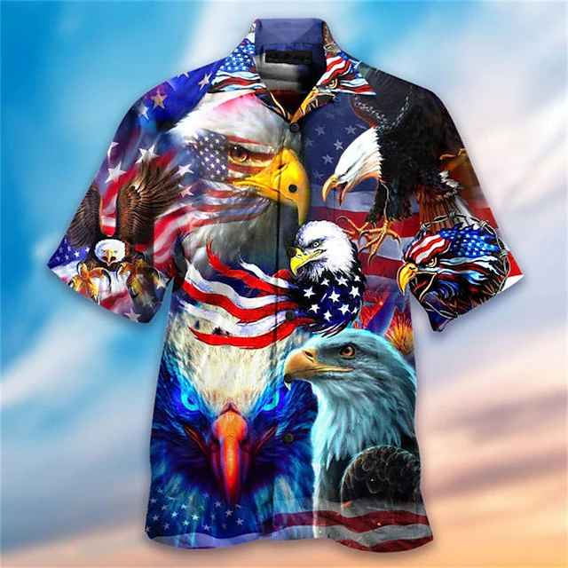 American Independence Day Men's Eagle American Flag Shirt Summer Hawaiian Shirt Button Up Shirt Short Sleeve Hawaiian Designer Casual Outdoor Casual Daily Spring & Summer Turndown Button-Down Black 8