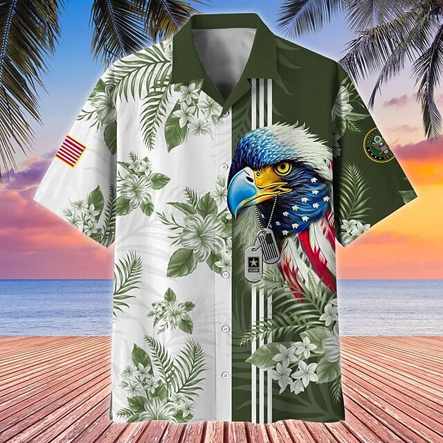  Homens Águia Bandeira americana Dia da Independência Camisa Social Camisa cubana Manga Curta Vintage retrô Férias Feriado Festival Verão Primavera Camisa com gola de acampamento Impressão 3D Vermelho