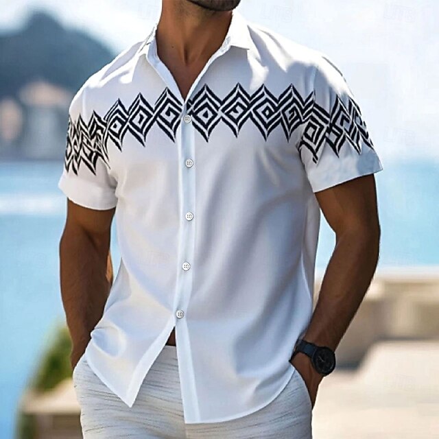 Men's Geometric Grid / Plaid Shirt Casual Shirt Button Up Shirt Short Sleeve Fashion Casual Outdoor Vacation Streetwear Summer Spring Turndown 3D Print Collared Shirts White4