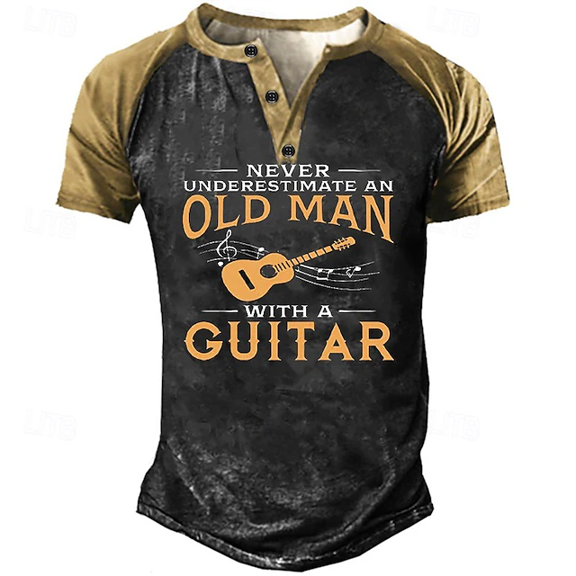 Men's Never Underestimate an Old Man with a Guitar Henley T-Shirt | Funny Musician Short Sleeve Graphic Tee 8
