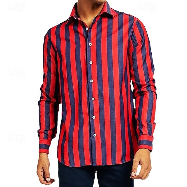  Voor heren Zomer overhemd Normaal shirt Strand hemd Overhemd met knopen Rood Donker Marine blauw Lange mouw Gestreept Revers Vakantie Hawaii Button-omlaag Kleding Polyester Modieus Casual Comfortabel