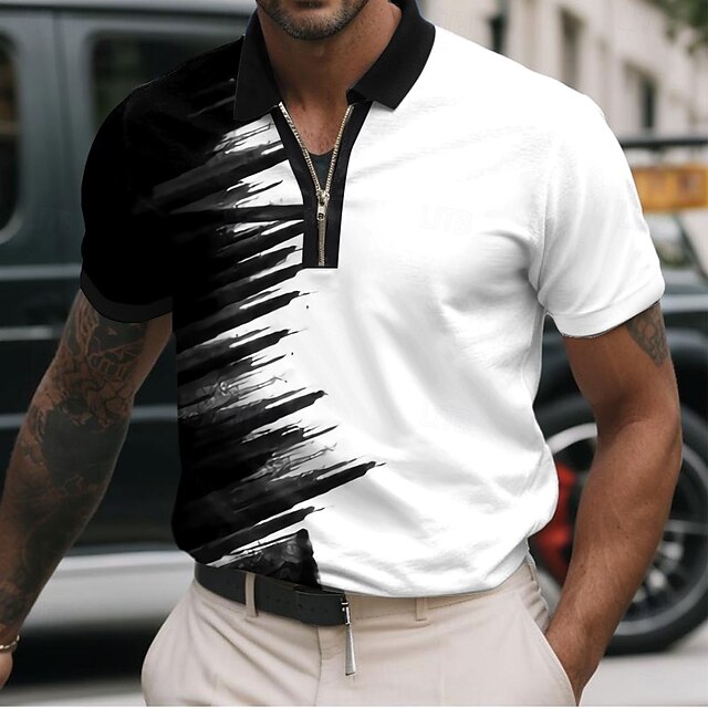 Men's Geometic Line Zip Polo Shirts Short Sleeve Polo Shirts Collared Shirts Business Casual Business Athleisure Wear to work Daily Wear 3D Print Summer Black4