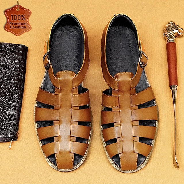  Men's Classic Brown Leather Fisherman Sandals - Versatile Summer Footwear for Casual Outings