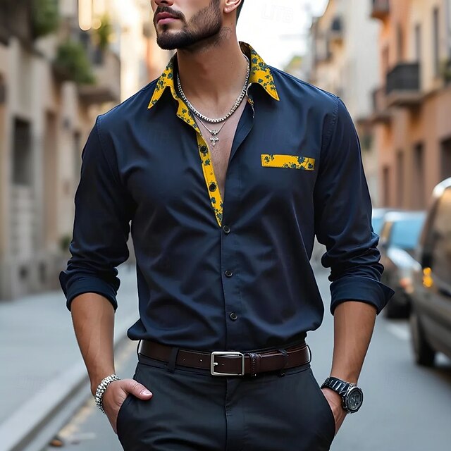 Men's Dress Shirt Plain Wedding Outdoor Navy Blue Long Sleeve Spread Collar Summer Spring Clothing Apparel4