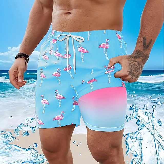  Miesten Flamingo Lintu Vuoratut shortsit Uimashortsit Surffishortsit Keskivyötärö Havaijilainen Loma Pyhäpäivä Ranta-asut Sivutaskut Compression Linerin kanssa Joustava kiristysnyöri vyötäröllä