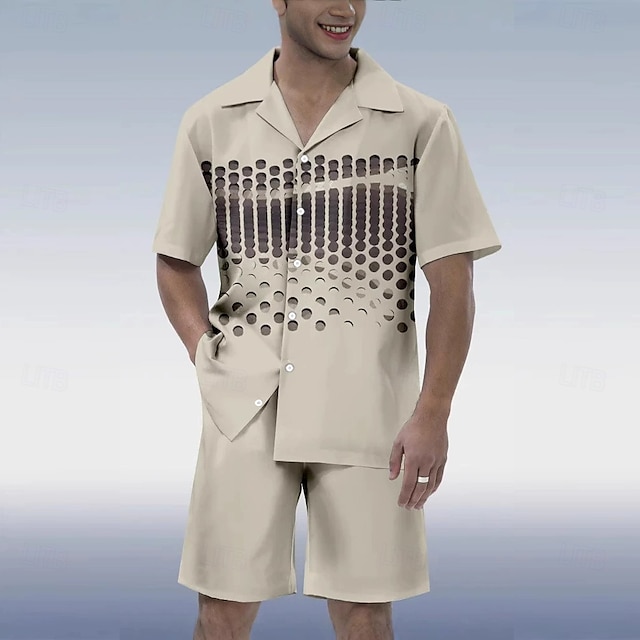  Men's Geometic Printing 2pcs Shirts Sets Shirt Set Short Sleeve Short Pants Cuban Collar Vacation Casual Daily Party Casual Daily 3D Print Summer Robin's Egg Blue Brown