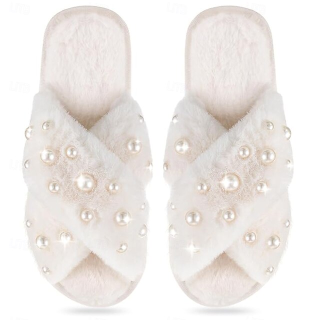  Bachelorette Party Pearl-Studded Crossover Fluffy Slippers for Brides at Bachelorette Parties and Honeymoon Trips