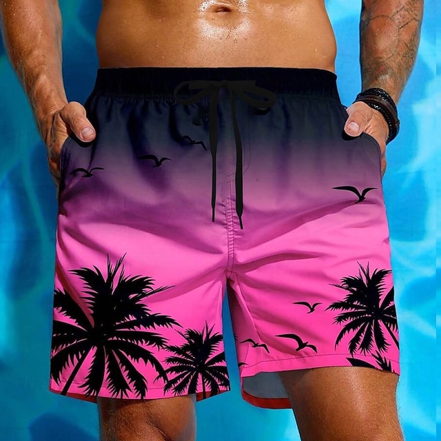  Herr Kokosnötsträd Gradientfärg Tropiska växter Badshorts Boardshorts Medium Midja Hawaiisk Strandsemester Sidfickor Mesh foder Elastisk dragsko i midjan Designer Kläder