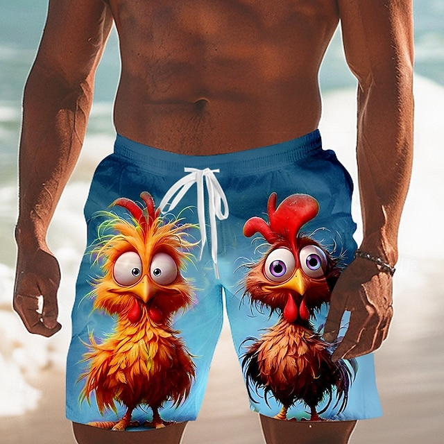  Men's Animal Chick Funny Swim Shorts Board Shorts Swimming Trunks Mid Waist Streetwear Hawaiian Vacation Drawstring Mesh Lining Elastic Waist Designer Clothing Apparel