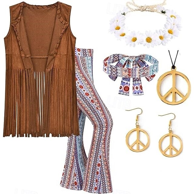  Retro / vintage 60-talet 70-talet Cosplay-kostym Kläder Tillbehör set Hippie Dam Karnival Maskerad Prestanda Fest Prideparad Vuxna Väst Byxor Örhängen