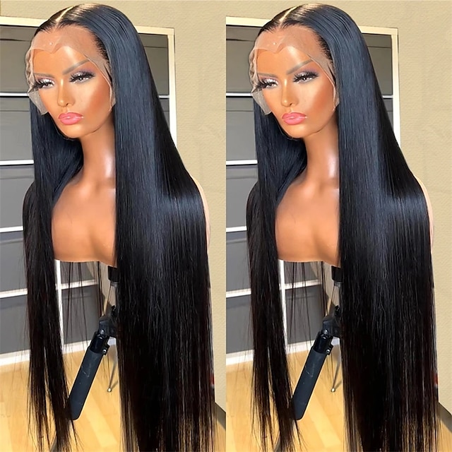  Capelli umani Remy 13x4 Fronte in Pizzo Parrucca Riga Libera Capelli peruviani Liscio Setoso Nero Parrucca 150% Densità dei capelli con Capelli di Bambino Senza Colla Pre-Strappato Per parrucche per
