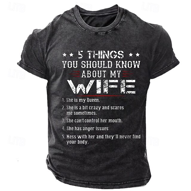 Men's 5 Things You Should Know About My Wife Retro Vintage T shirt Tee Washed Shirt Cotton Short Sleeve Graphic Shirt Black Comfortable Tee4
