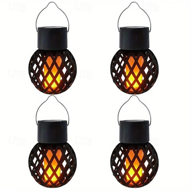 4 Pcs Led Outdoor Solar Lights Patio Lights Powered Small Hanging Ball Flame Lamp Hollow Hanging Lamp Tree Branch Atmosphere Led Lamp Courtyard Garden Pendant Light