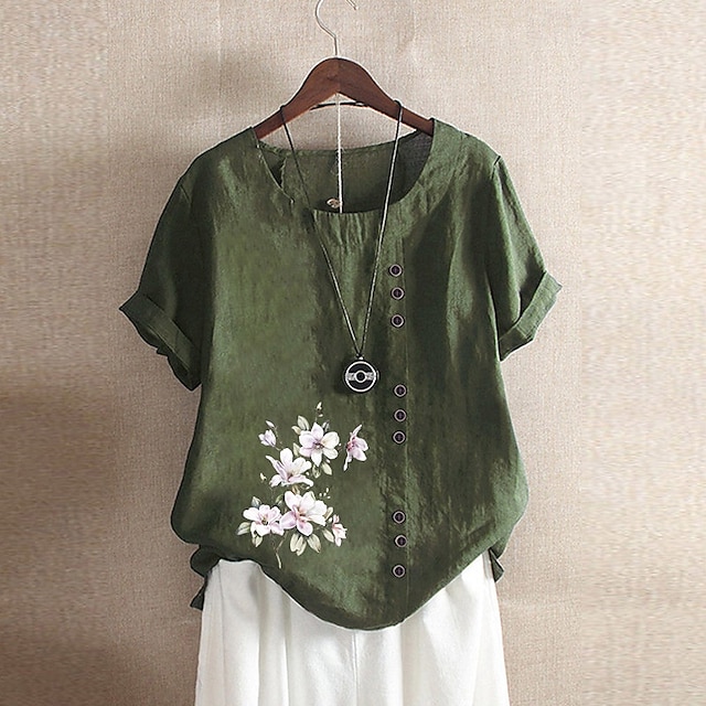  Femmes Chemisier Chemises en coton et lin Fleur Occasionnel Manche Courte Col ras du cou Hauts Réguliers Quotidien Fête Imprimé Blanche Jaune Vert Véronèse Vert Été