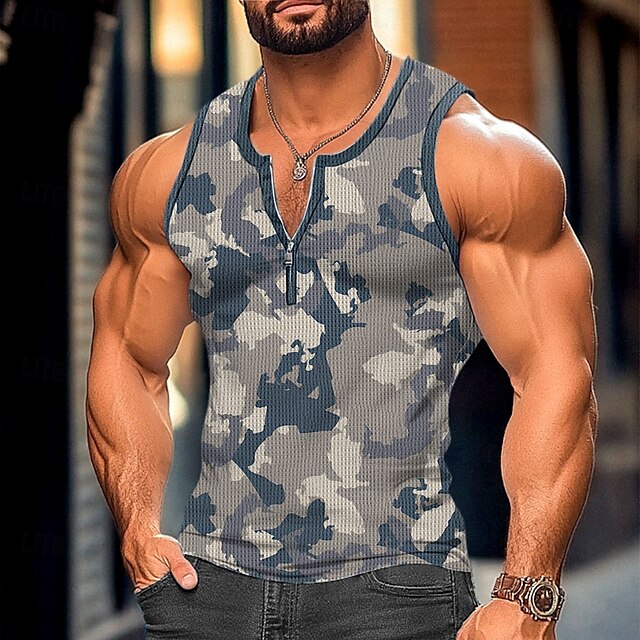  Bărbați Maiou cu vafe Bluză Vest Top Sub Cămașă Fără manșon Stil Nautic Quarter Zip Vară Culoare Camuflaj Sport Modă Comfortabil Imprimeu Casual Plajă Sală de Fitness Roșu-aprins Trifoi Verde Militar