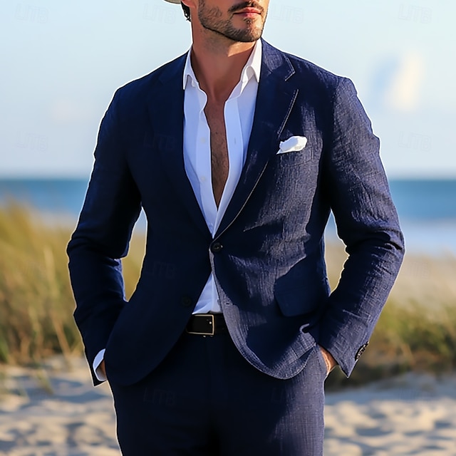  Costumes de mariage en lin pour hommes mariage à la plage bleu marine mi-doublé léger d'été décontracté coloré uni coupe standard 2 pièces simple boutonnage deux boutons