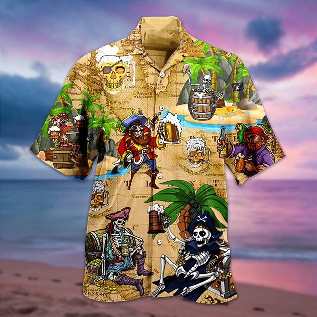 Men's Skull Pirate Beer Shirt Summer Hawaiian Shirt Aloha Shirt Short Sleeve Shirt Cuban Collar Sports Fashion Streetwear Casual Hawaiian Holiday Yellow S M L4