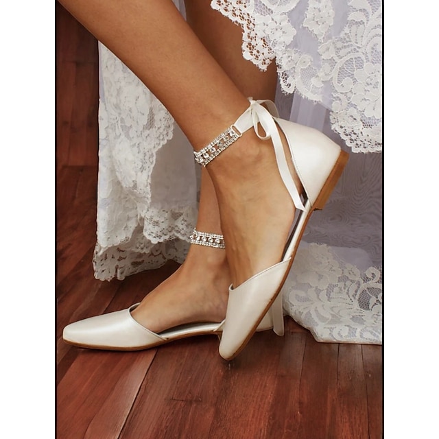  damlägenheter med spetsiga tår i elfenben med strass ankelrem – eleganta balettkläder för date night & bröllop