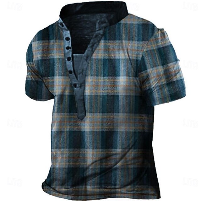 Men's Plaid T Shirt Henley Shirt Tee Short Sleeve Vintage Classic Casual Outdoor Casual Daily Summer Blue Henley Henley T-Shirt2