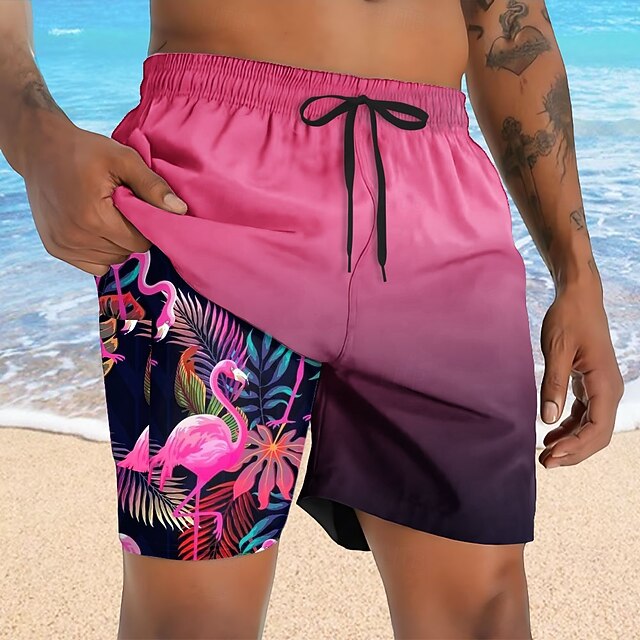  Homme Flamant rose Oiseau Short doublé Short de bain 2 en 1 Shorts de bain Taille Moyenne Hawaïen Vacances Fête Tenue de plage Poches Latérales Avec doublure de compression Taille élastique avec