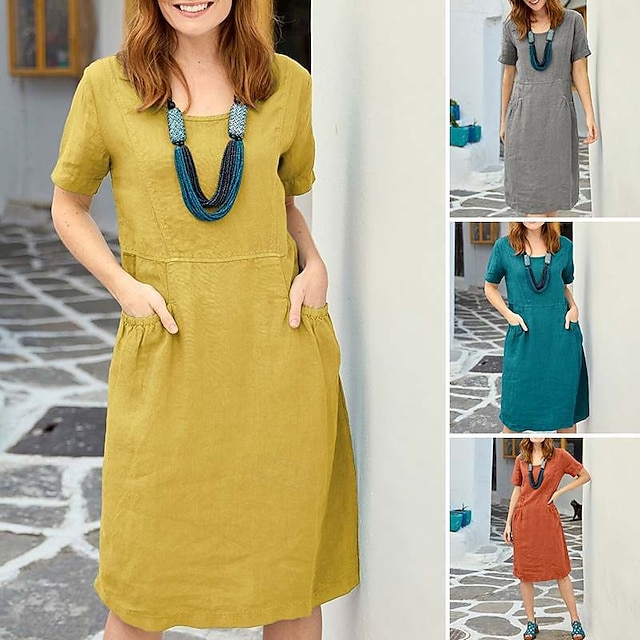  Femmes Mini Robe Robes inspirées du lin Robe en coton et lin Mode Basique Moderne Vacances Quotidien Sortir Coupe régulière Uni Manche Courte Col ras du cou Jaune Orange Vert Gris Été