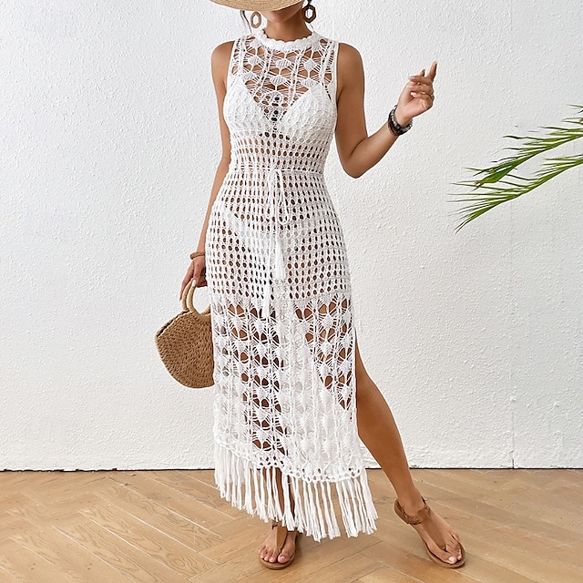  Mulheres Roupa de Banho Cobertura roupa de banho Com Corte Franja Roupa de Praia Verão Tecido Decote Redondo Sem Manga Fatos de banho