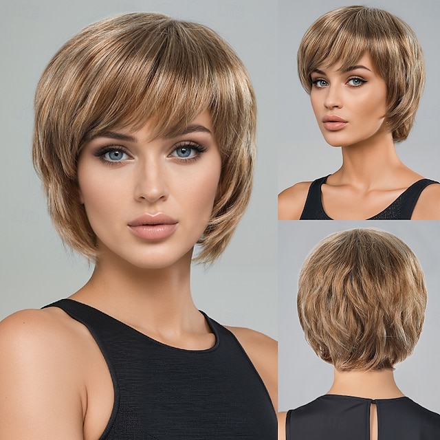  Perruque Synthétique Ondulé Vague d'eau Coupe dégradée Coupe Asymétrique Fabriqué à la Machine Perruque 12 pouces A1 Cheveux synthétiques Femmes Classique Confortable Cheveux Mèches / Balayage Blond