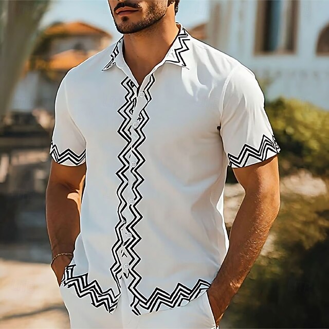 Men's Geometric Line Shirt Casual Shirt Button Up Shirt Short Sleeve Fashion Casual Outdoor Vacation Streetwear Summer Spring Turndown 3D Print Collared Shirts White4