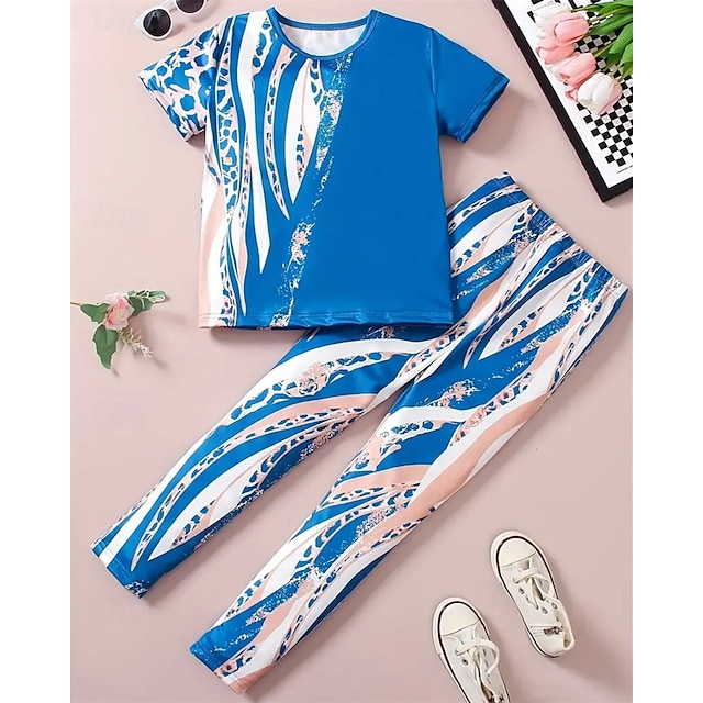  Tyttöjen 3D Painettu Pyjama-setit Tee & Pants Pyjama-setit Lyhythihainen 3D-tulostus Kesä Kevät Aktiivinen Perus Lapset 4 vuotta + Tiukka pyöreä kaula-aukko Koti Päivittäin Normaali