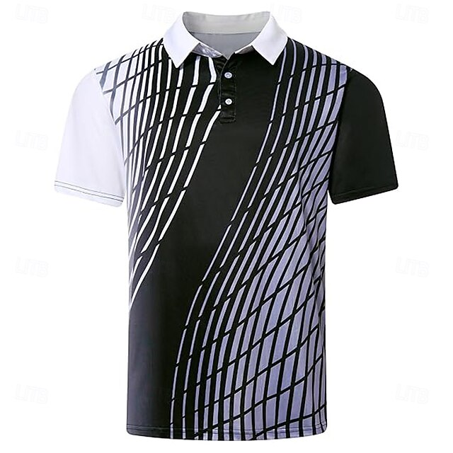 Men's Geometic Line Polo Short Sleeve Polo Shirts Collared Shirts Business Casual School Outdoor Sports Daily Wear Buttons 3D Print Summer Spring Fall Black4