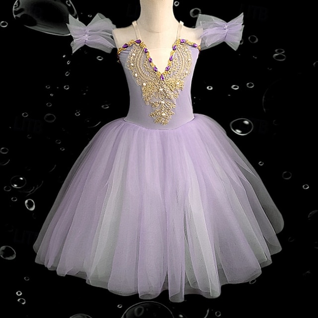  Tutu Kleid Kleid Strass Spitze Stickerei Mädchen Leistung Training Ärmellos Hoch Netzstoff Spandex