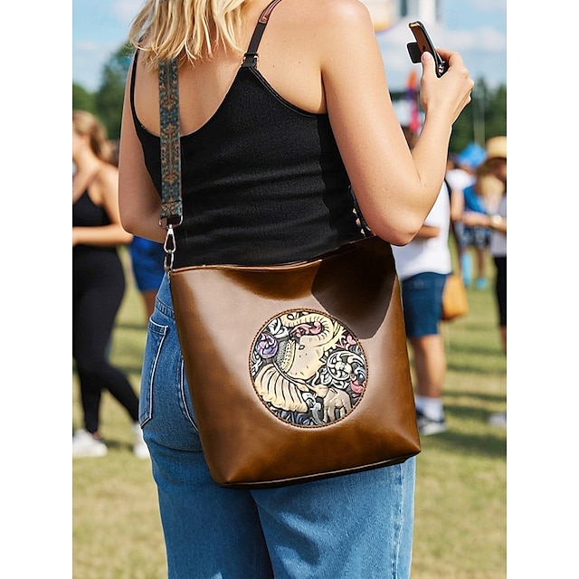  vintage elefantpräglad axelväska för kvinnor – crossbody-väska i boho konstläder med justerbar rem, vardagliga resor och handväska