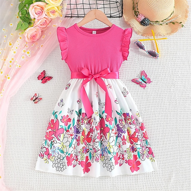  Barn Flickor Klänning Blommig klänning Blomma Ärmlös Utomhus Ledigt Volang Mode Dagligen Polyester Knälång Vardagsklänning A linjeklänning Sommar 4 år + Purpur Rosenröd