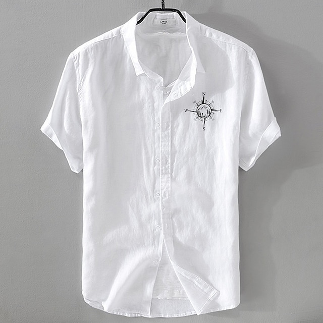  Herren Leinenhemd Freizeithemd Baumwoll-Leinen-Hemd Knopfhemd Muster Urlaub Straße Weiß Dunkelmarine Himmelblau Khaki Kurzarm Revers Sommer Bekleidung Button-Down