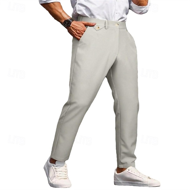  Homens Social Calças chinês Botões Bolsos Tecido Conforto Formal Festa Trabalho Moda Estilo Clássico Exército verde Preto Micro-Elástica