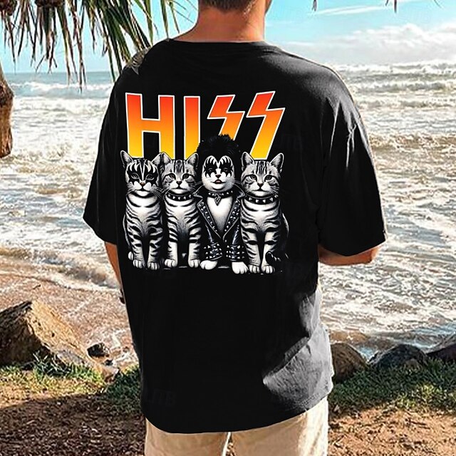 Men's Cat Rock T Shirt Short Sleeve T shirt 3D Print Crew Neck Shirt Tropical Hawaiian Vacation Street Daily Black Summer Spring Clothing Apparel S M L XL XXL XXXL4