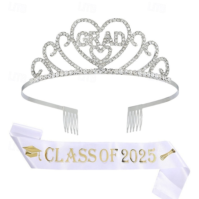  kit di forniture per feste di laurea, corona da principessa in metallo glitterato per laurea, fascia per laureati classe 2025, copricapo con lettere di strass, set di tiara e fascia in lega