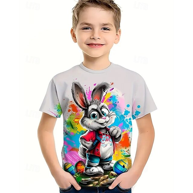  Dla chłopców 3D Zając Podkoszulek T-shirt Krótki rękaw Lato Wiosna Moda Podstawowy Dzieci 4-12 lat Półgolf Na zewnątrz Codzienny Regularny