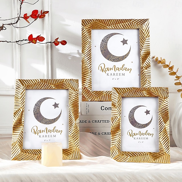  Ramadan Gold Resin Photo Frame, Vintage Picture Frame 4x6, 5x7, 6x8 Inch, Horizontal and Vertical Display, Islamic Festive Home Decor for Bedroom, Study, Office Desk
