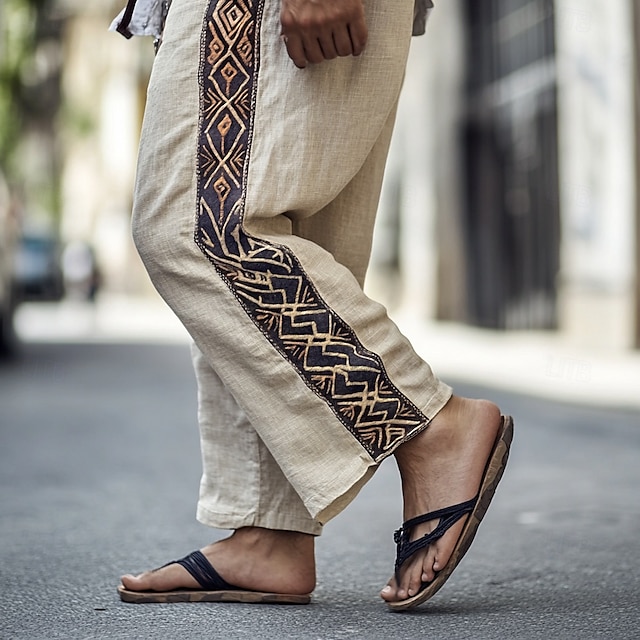  Herren Leinenhosen Hose Sommerhose Kordelzug Elastischer Bund Gerader Schnitt Einfach Komfort Atmungsaktiv Volle Länge Lässig Täglich Ferien Mode Klassicher Stil Beige