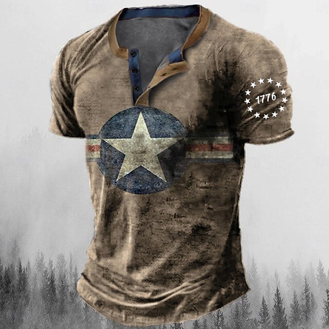 Men's Graphic Star Henley Shirt Tee Short Sleeve 3D Print Fashion Designer Comfortable Outdoor Casual Daily Summer Blue Brown Green Army Green Henley Henley T-Shirt 5