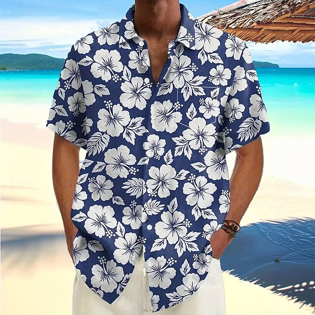 Men's Floral Print Flowers Shirt Summer Hawaiian Shirt Button Up Shirt Short Sleeve Hawaiian Resort Vacation Holiday Beach Wear Summer Turndown 3D Print Collared Shirts Front One Pocket Blue4
