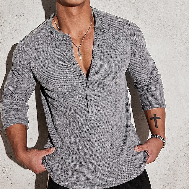  Herren T-Shirt mit Knöpfen T Shirt Henley Hemd T-Shirt Langarm Henley Sommer Frühling Einfach Mode Designer Basic Knöpfe Urlaub Straße Ausgehen Aprikose Marineblau Hellgrau Top T-Shirt für Herren