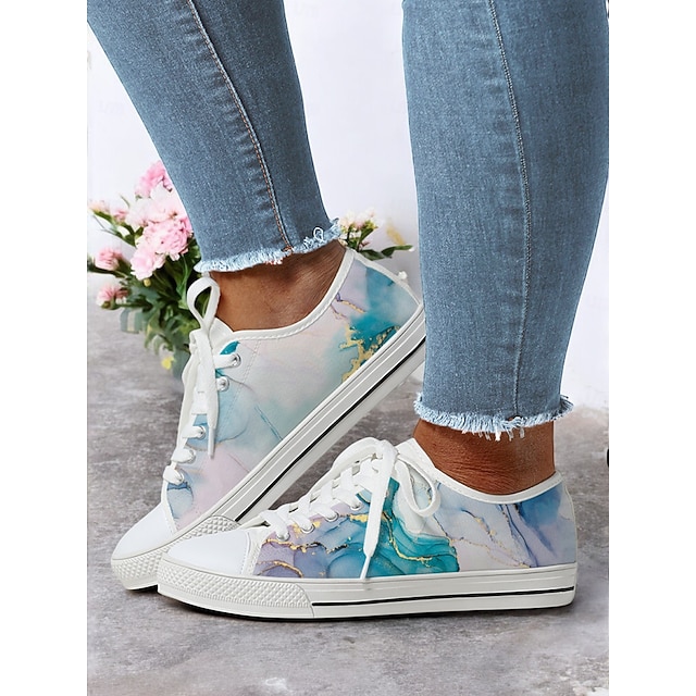  tênis casual feminino de lona - tênis estiloso com estampa de mármore aquarela, cadarço e cano baixo para uso diário, caminhadas e viagens