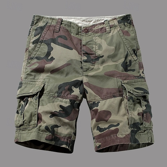  Homens Bermuda Cargo Shorts camuflados Shorts de verão Botões Bolso multi Bolso com aba Tecido Côr Camuflagem camuflagem Conforto Vestível Comprimento do joelho Ao ar livre Esporte Diário Moda Casual