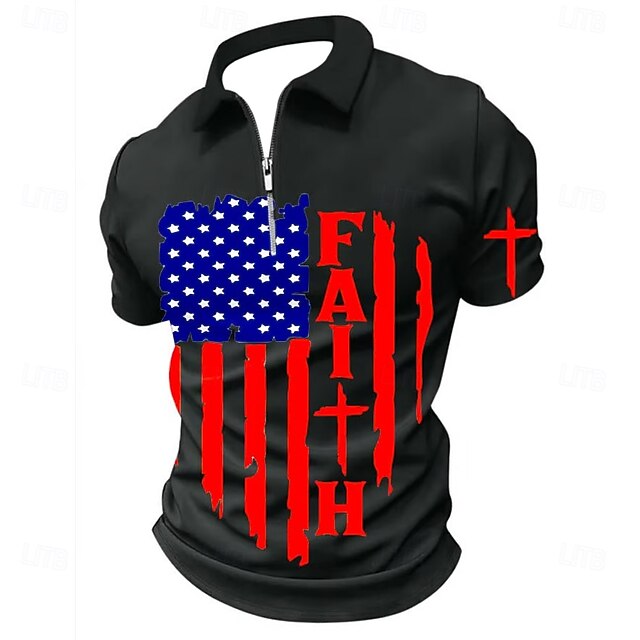 Independence Day Men's US Flag Zip Polo Short Sleeve Turndown Vintage Casual / Sporty Sports & Outdoor Casual 3D Print Summer Black4
