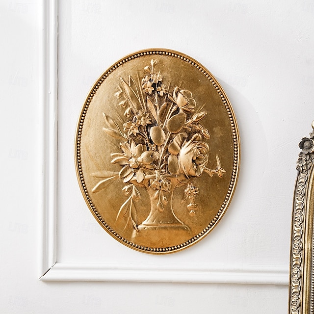  decoração de parede esculpida em baixo-relevo oval dourado vintage, decoração de parede de resina pintada à mão para casa, estilo retrô europeu, ideal para decoração de casa, hotel e adereços de
